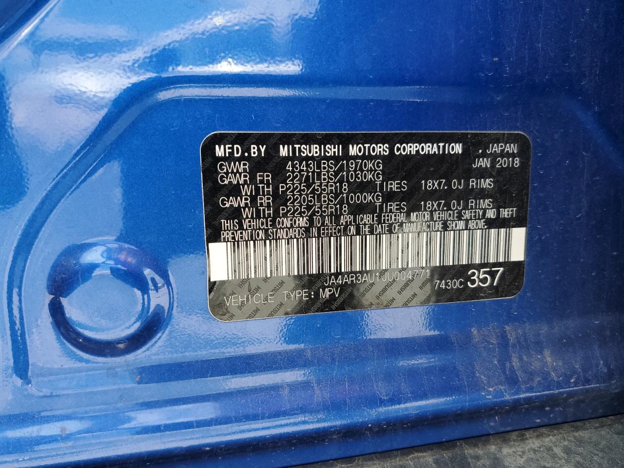 2018 Mitsubishi Outlander Sport Es VIN: JA4AR3AU1JU004771 Lot: 57047175
