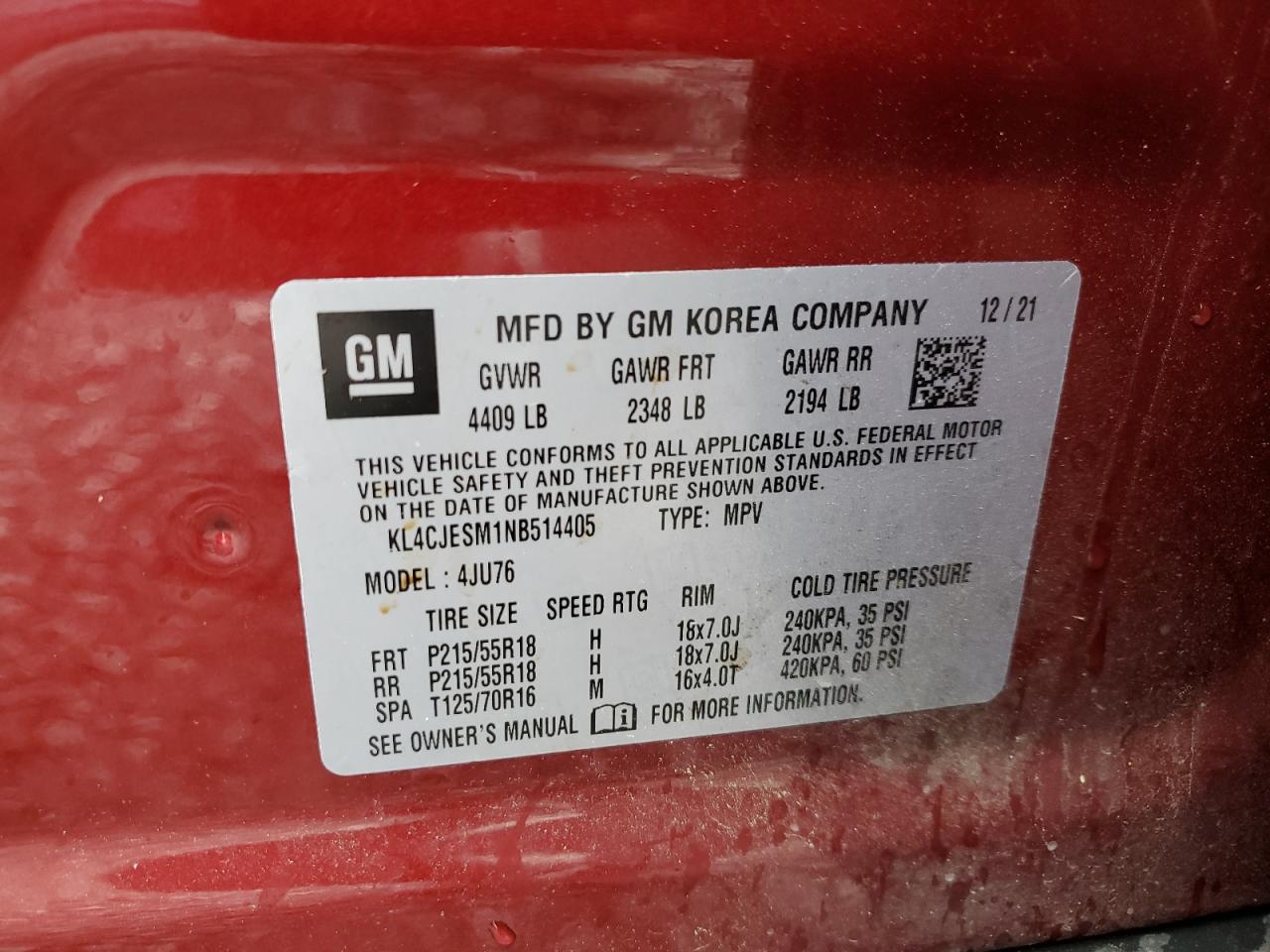 2022 Buick Encore Preferred VIN: KL4CJESM1NB514405 Lot: 55143965