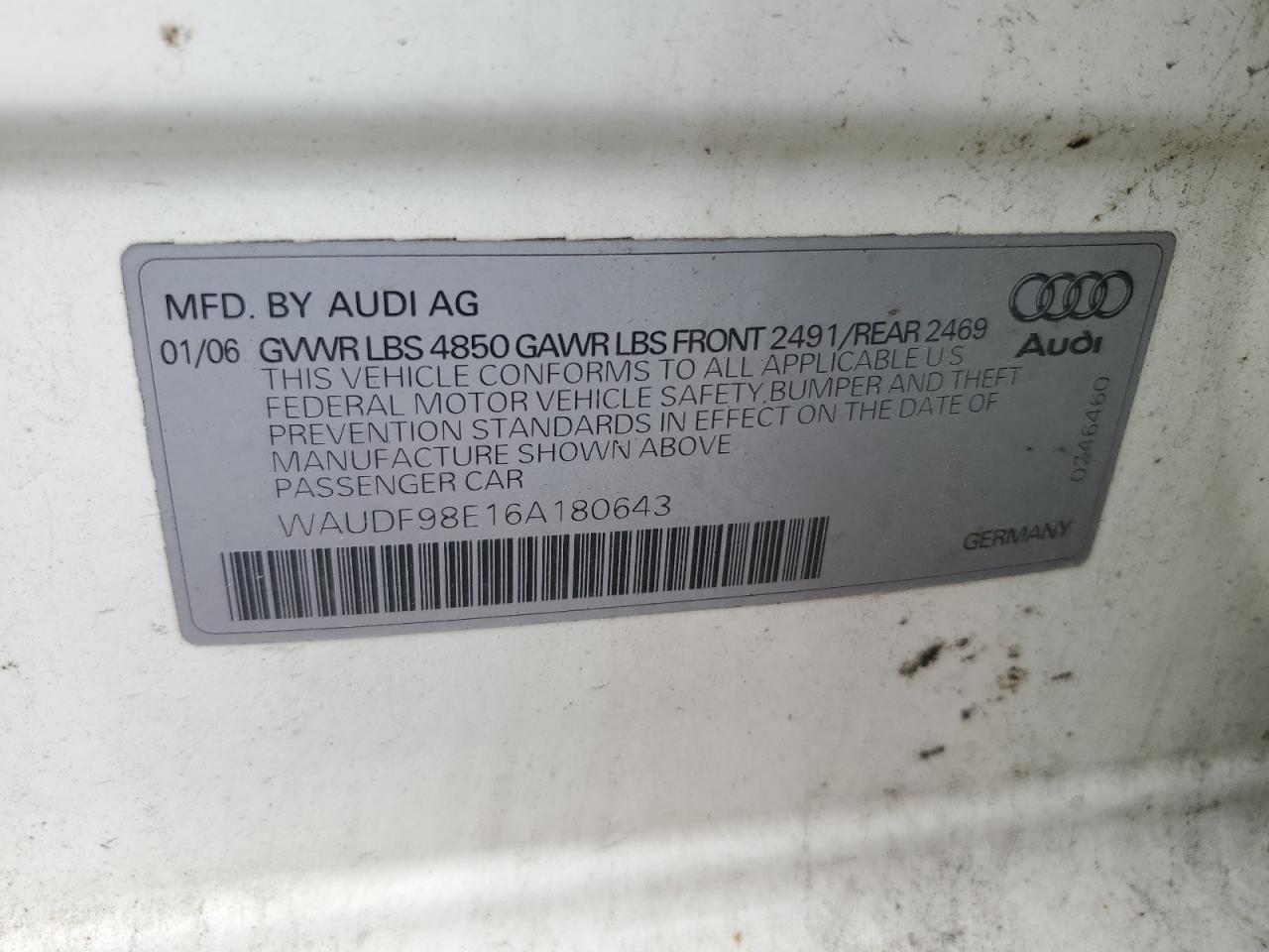 2006 Audi A4 2.0T Quattro VIN: WAUDF98E16A180643 Lot: 57104365