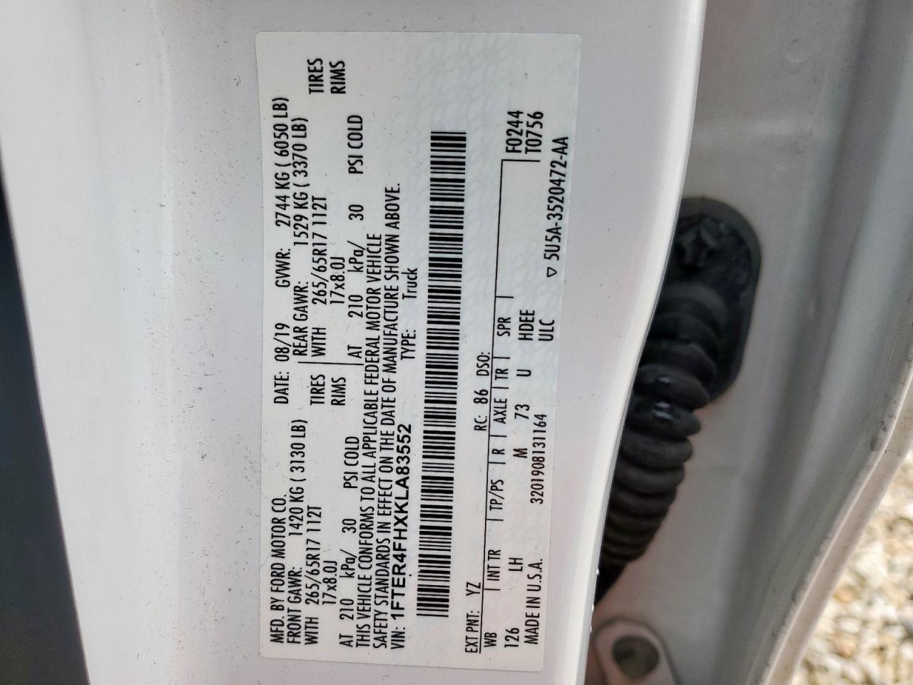 2019 Ford Ranger Xl VIN: 1FTER4FHXKLA83552 Lot: 57645535