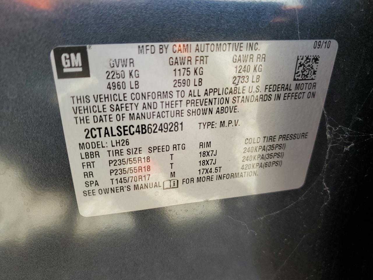 2011 GMC Terrain Sle VIN: 2CTALSEC4B6249281 Lot: 57477015