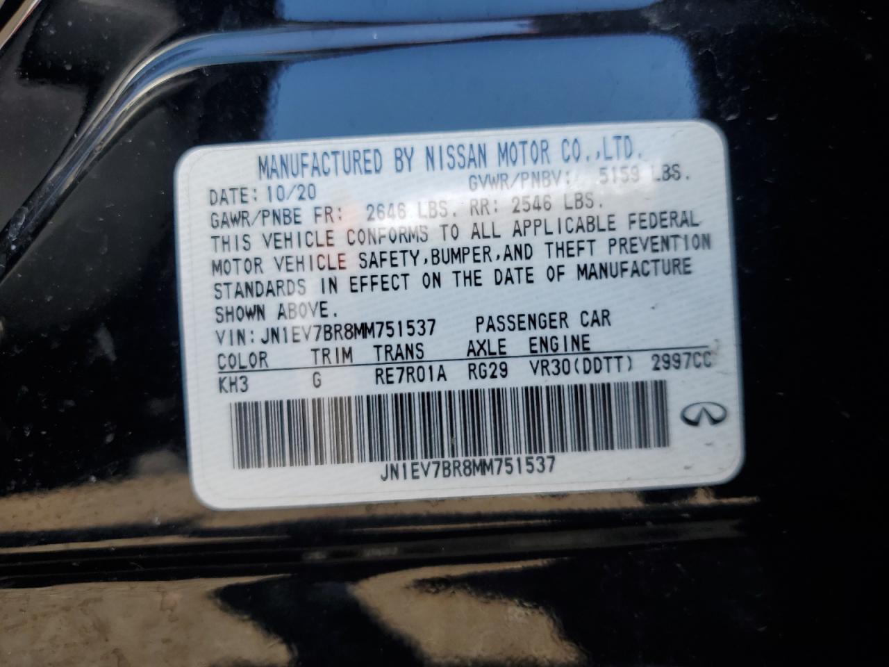 2021 Infiniti Q50 Luxe VIN: JN1EV7BR8MM751537 Lot: 56538005