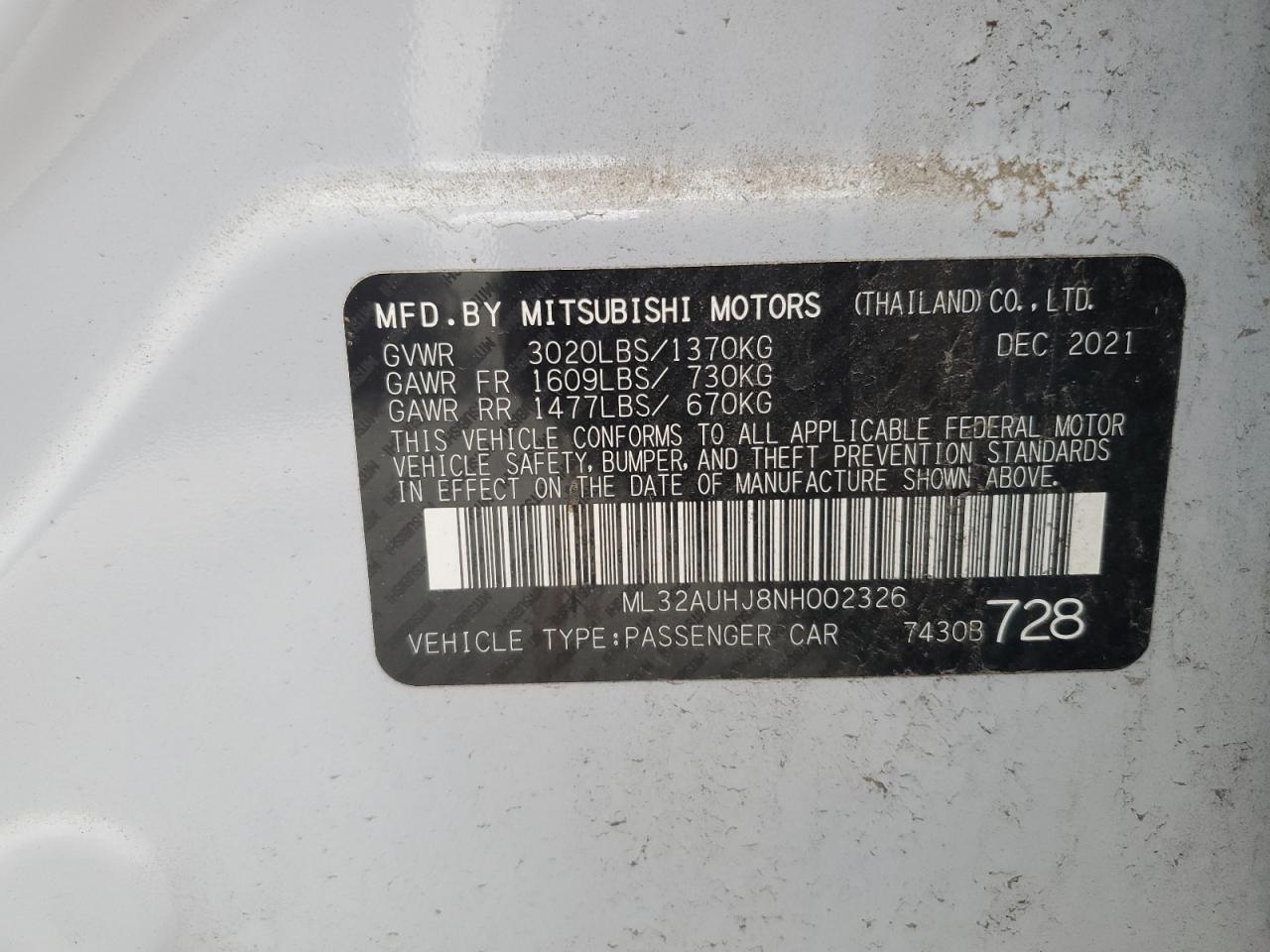 2022 Mitsubishi Mirage Es VIN: ML32AUHJ8NH002326 Lot: 56423975