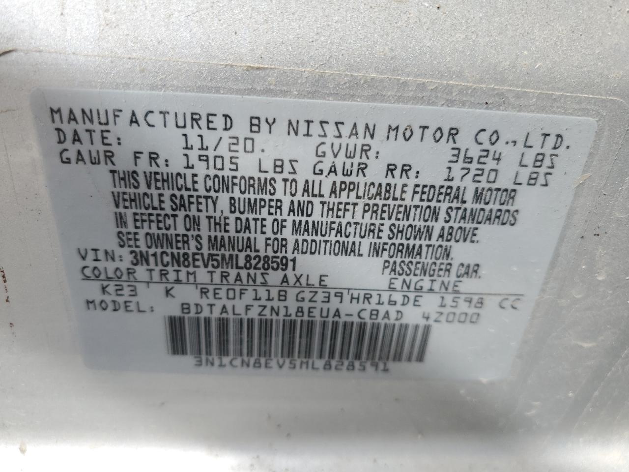 2021 Nissan Versa Sv VIN: 3N1CN8EV5ML828591 Lot: 55176005