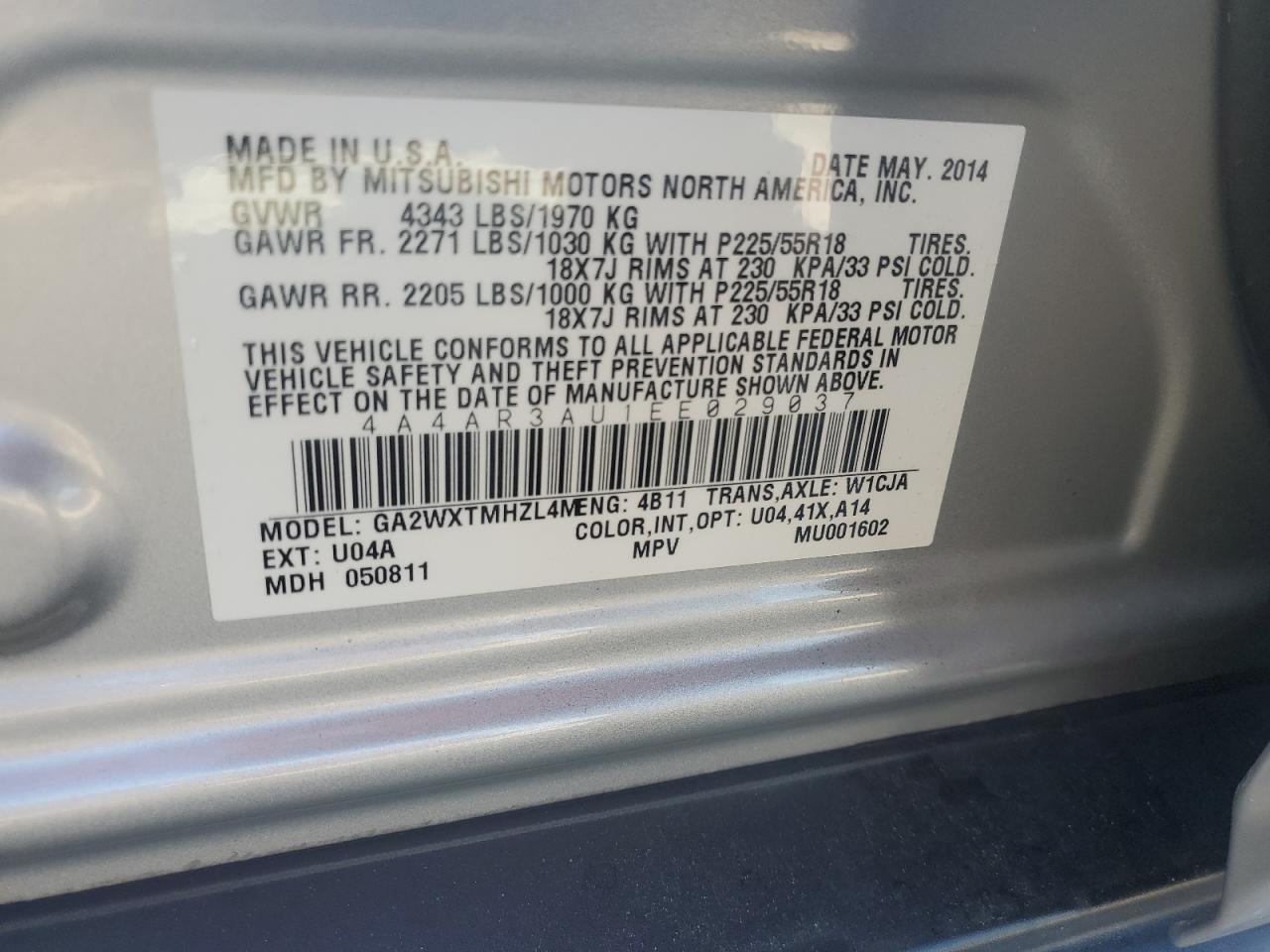 2014 Mitsubishi Outlander Sport Es VIN: 4A4AR3AU1EE029037 Lot: 57108035
