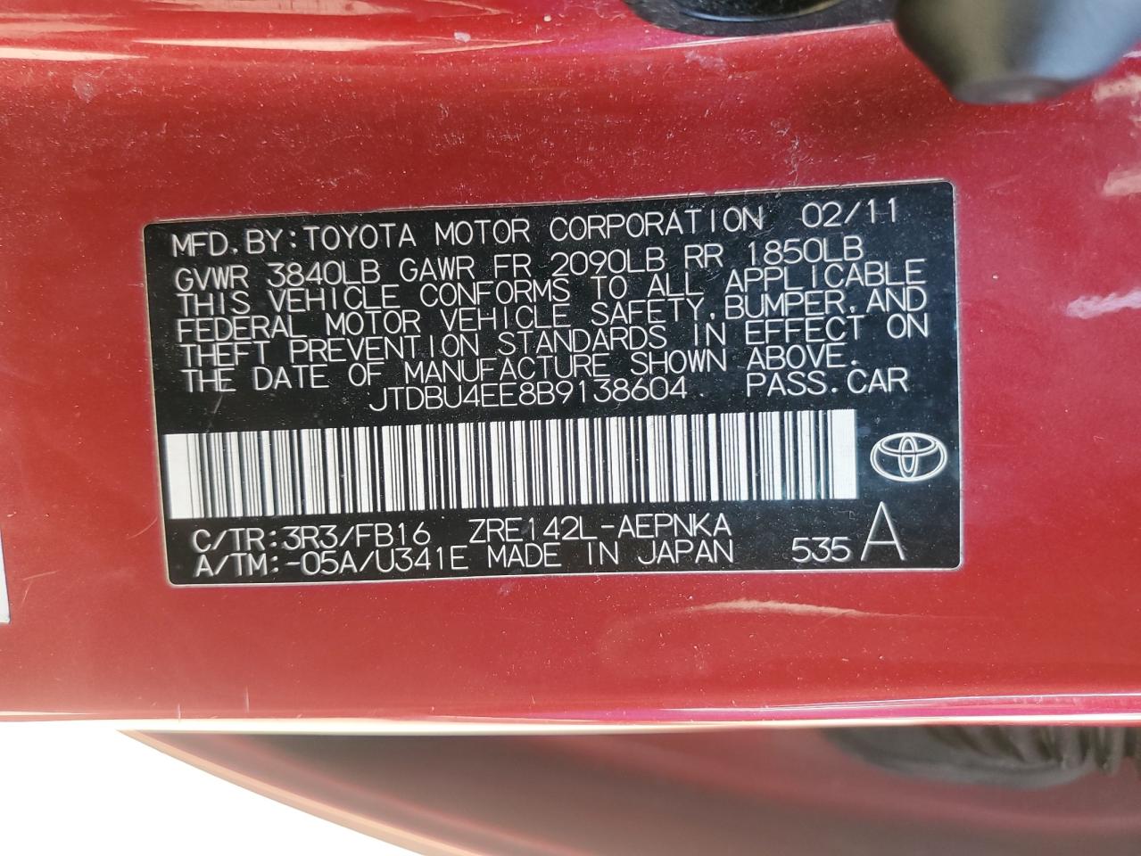 2011 Toyota Corolla Base VIN: JTDBU4EE8B9138604 Lot: 56969875