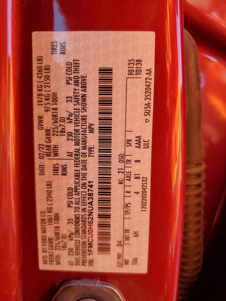 2022 Ford Escape Sel VIN: 1FMCU0H62NUA38741 Lot: 67276125