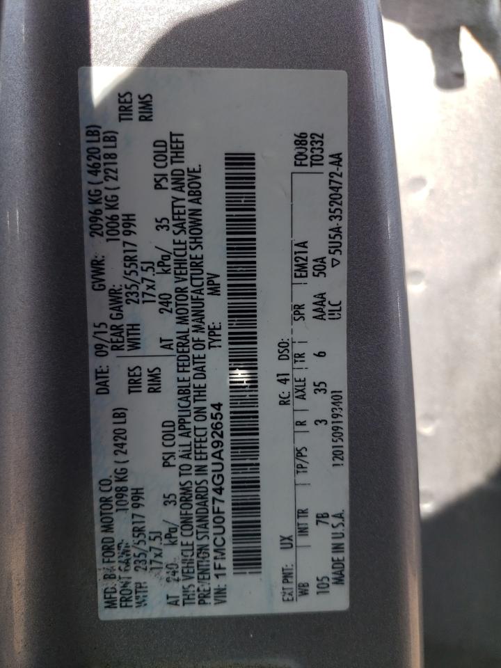 2016 Ford Escape S VIN: 1FMCU0F74GUA92654 Lot: 58445955