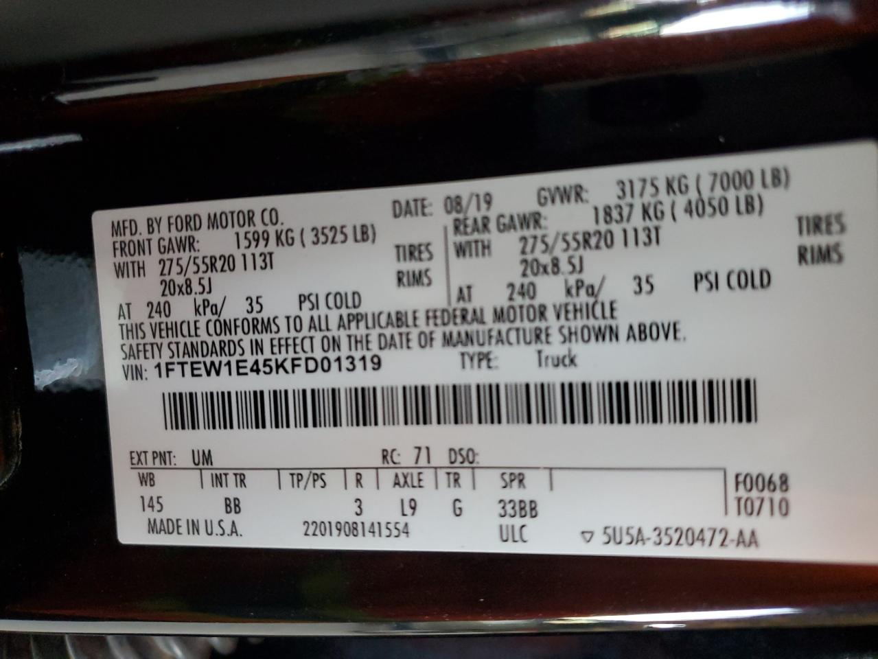 1FTEW1E45KFD01319 FORD F-150 2019