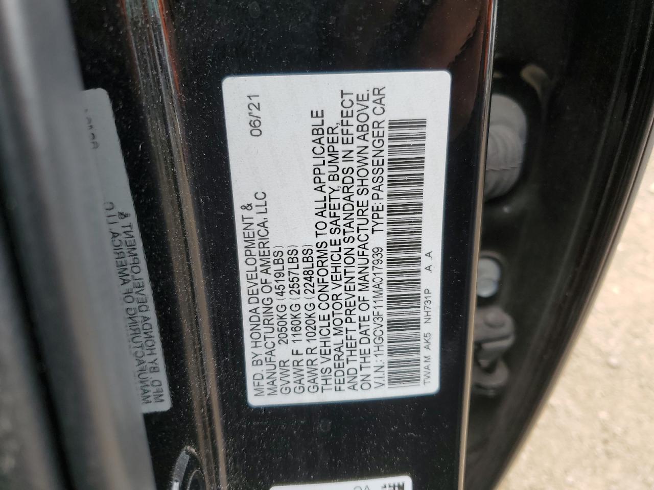 2021 Honda Accord Hybrid VIN: 1HGCV3F11MA017939 Lot: 56559955