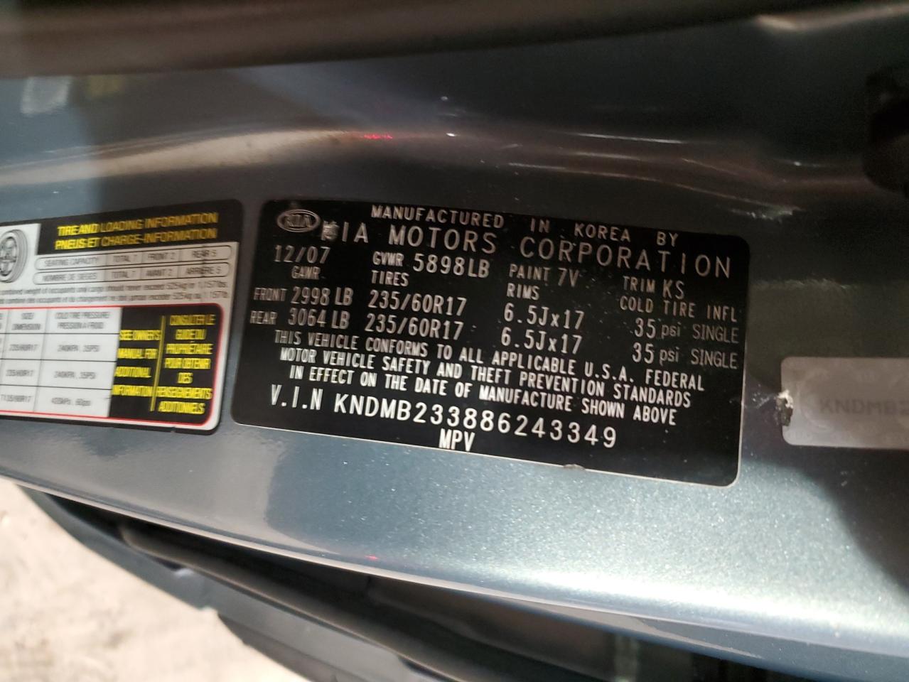 2008 Kia Sedona Ex VIN: KNDMB233886243349 Lot: 55490735