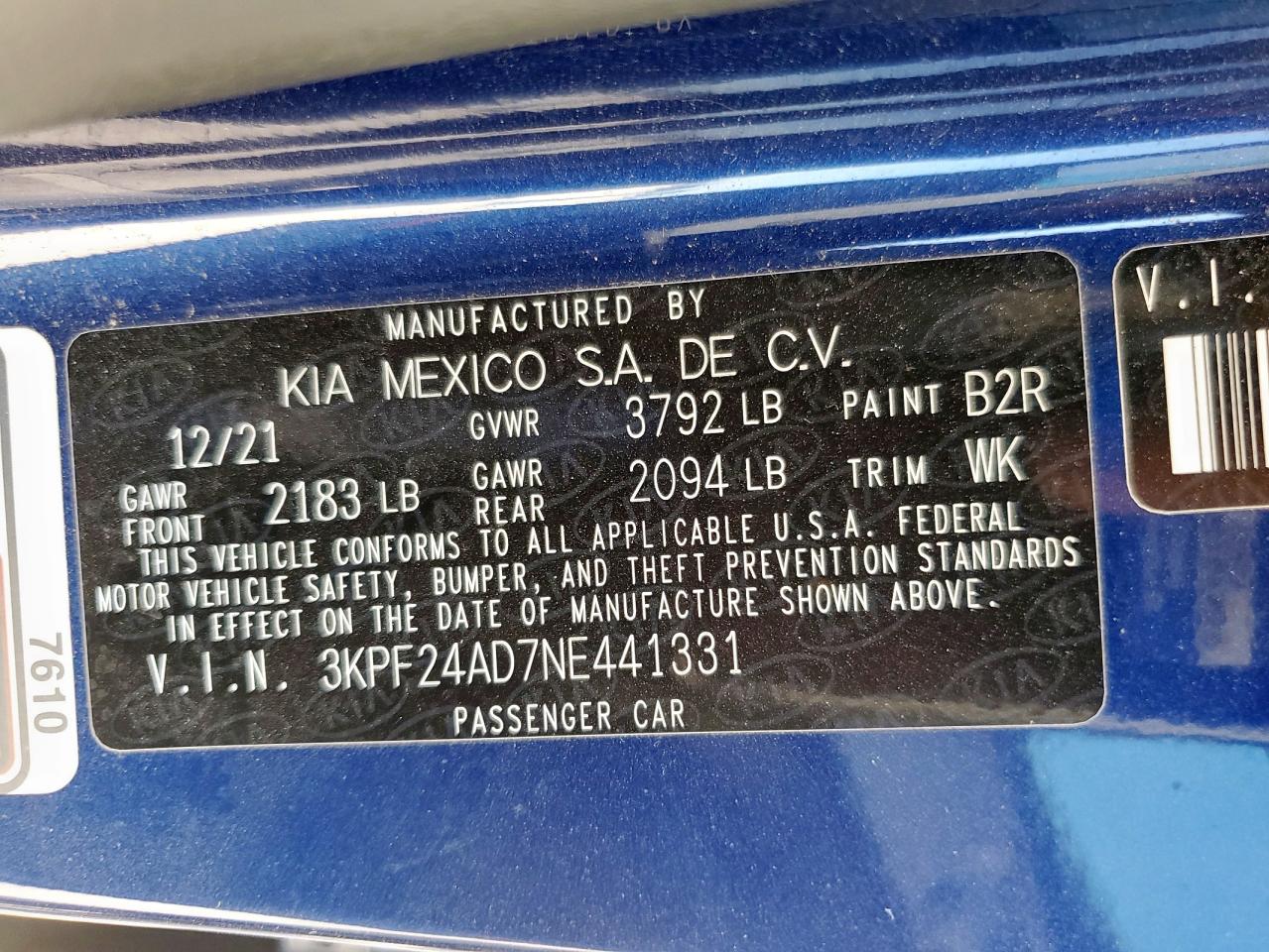 2022 Kia Forte Fe VIN: 3KPF24AD7NE441331 Lot: 56856695