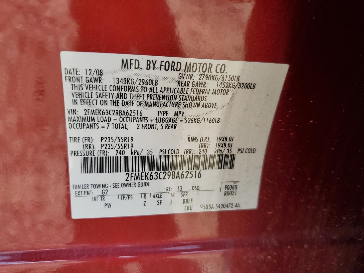 2009 Ford Flex Limited VIN: 2FMEK63C29BA62516 Lot: 57164675