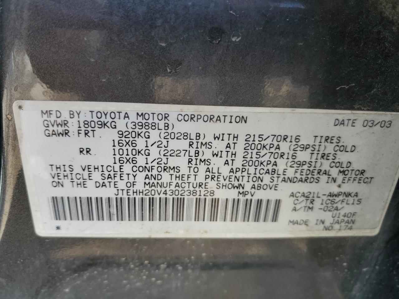 2003 Toyota Rav4 VIN: JTEHH20V430238128 Lot: 56330285