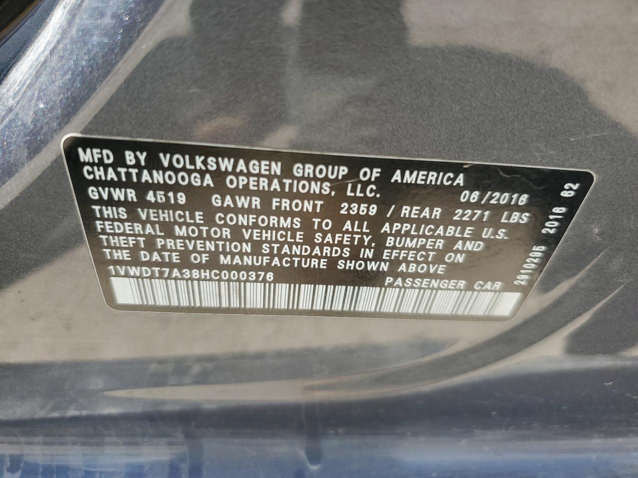 2017 Volkswagen Passat R-Line VIN: 1VWDT7A38HC000376 Lot: 56239965