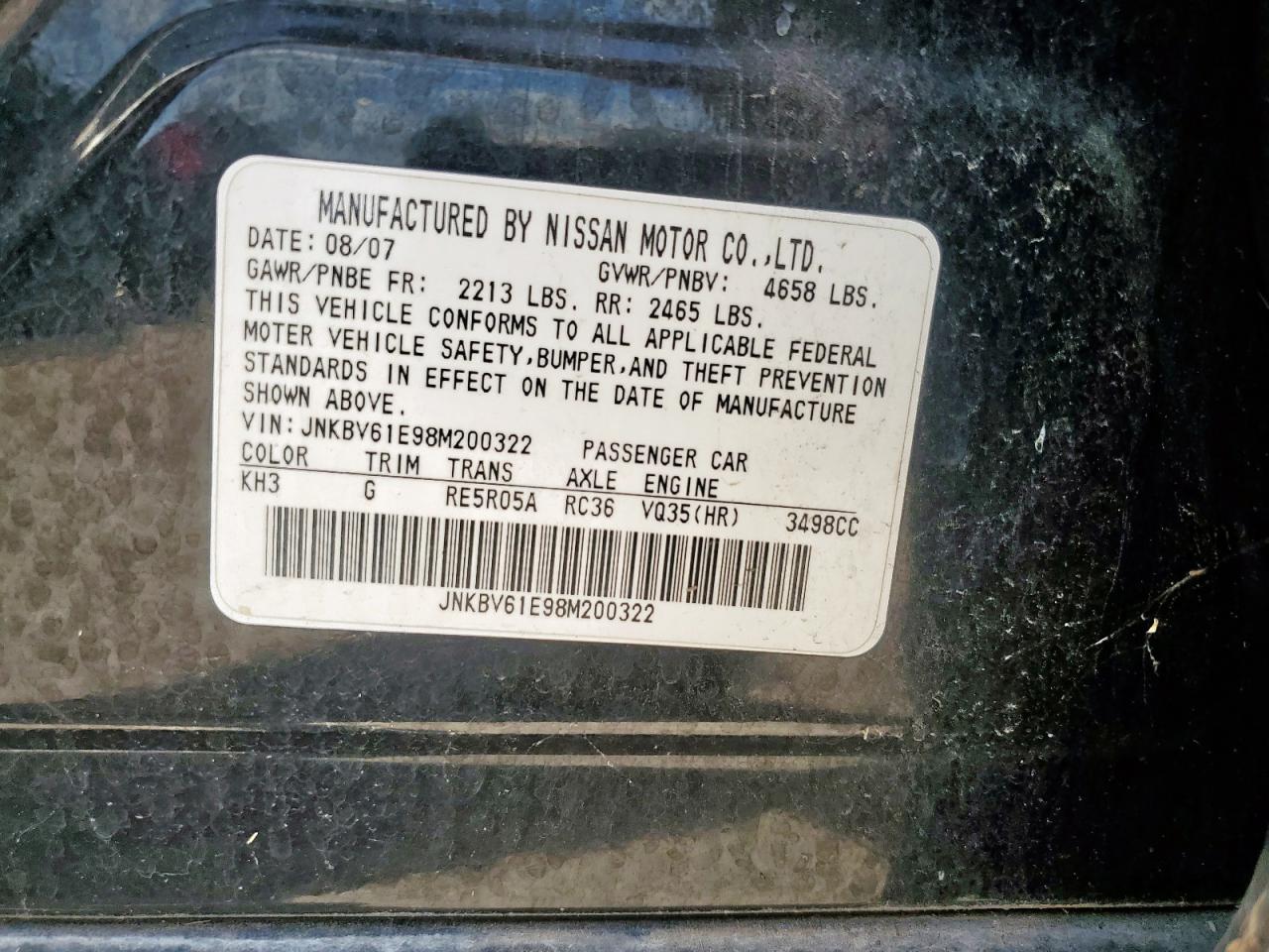 2008 Infiniti G35 VIN: JNKBV61E98M200322 Lot: 57295685