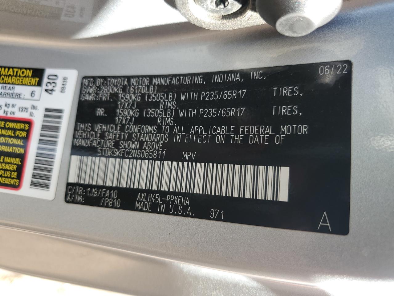 2022 Toyota Sienna Le VIN: 5TDKSKFC2NS065811 Lot: 56190465