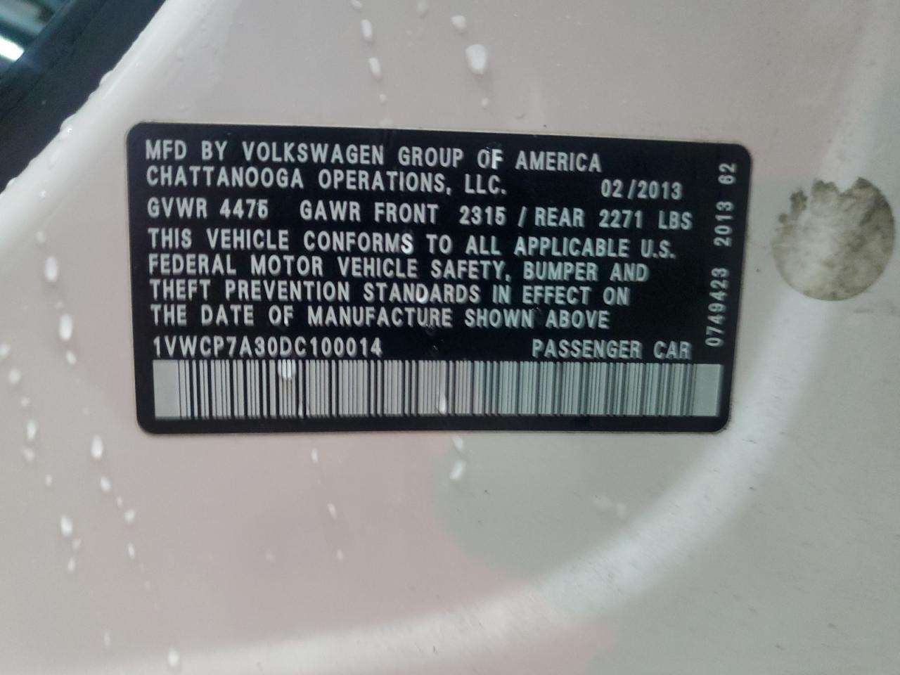 2013 Volkswagen Passat Sel VIN: 1VWCP7A30DC100014 Lot: 55271515