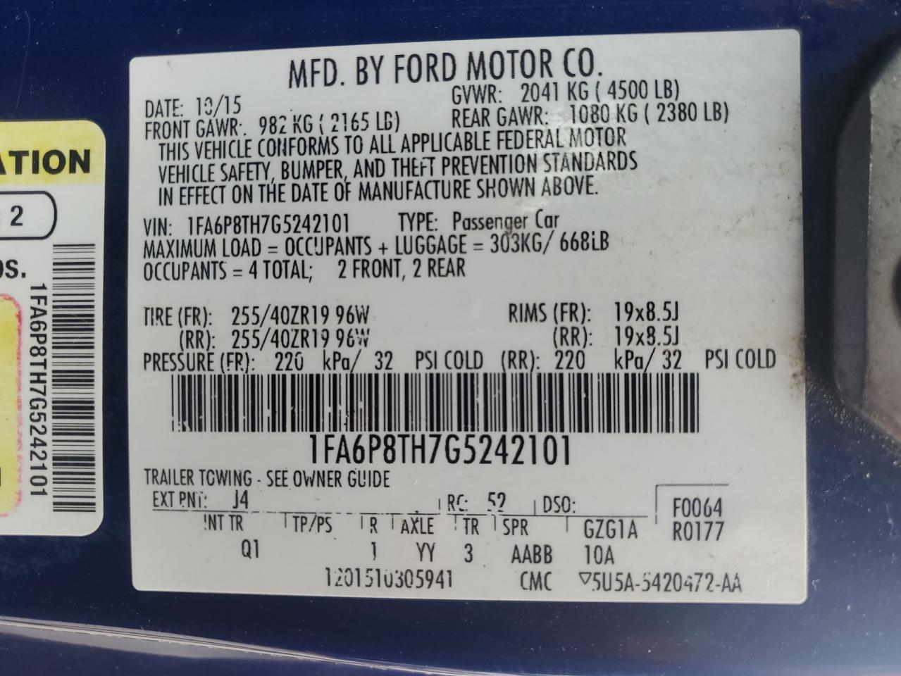 2016 Ford Mustang VIN: 1FA6P8TH7G5242101 Lot: 55038955