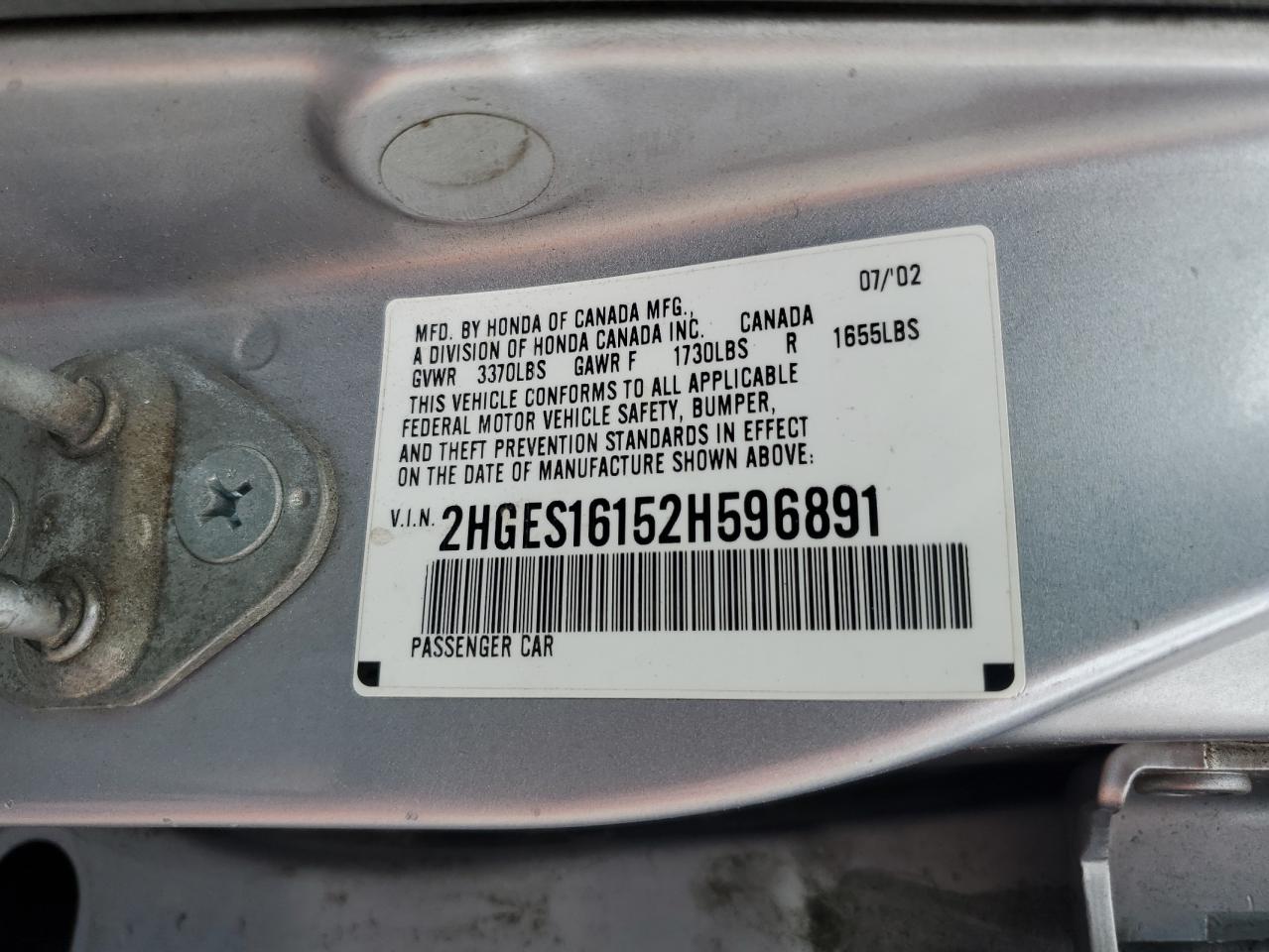 2002 Honda Civic Dx VIN: 2HGES16152H596891 Lot: 57117025