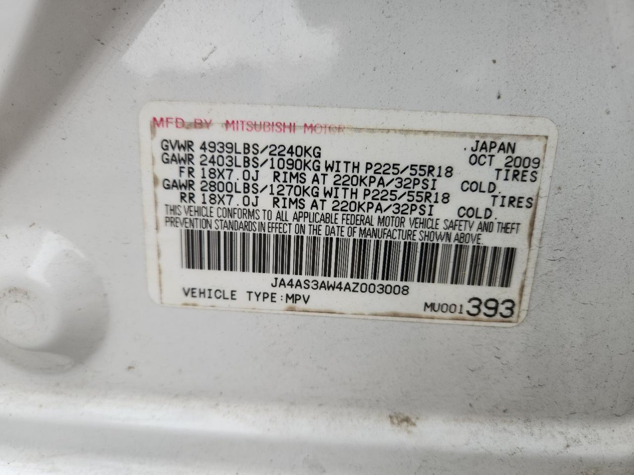 2010 Mitsubishi Outlander Se VIN: JA4AS3AW4AZ003008 Lot: 58407905