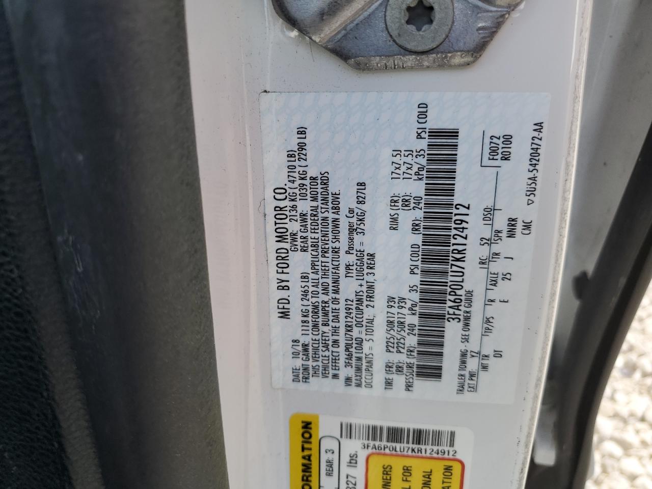 2019 Ford Fusion Se VIN: 3FA6P0LU7KR124912 Lot: 56829295