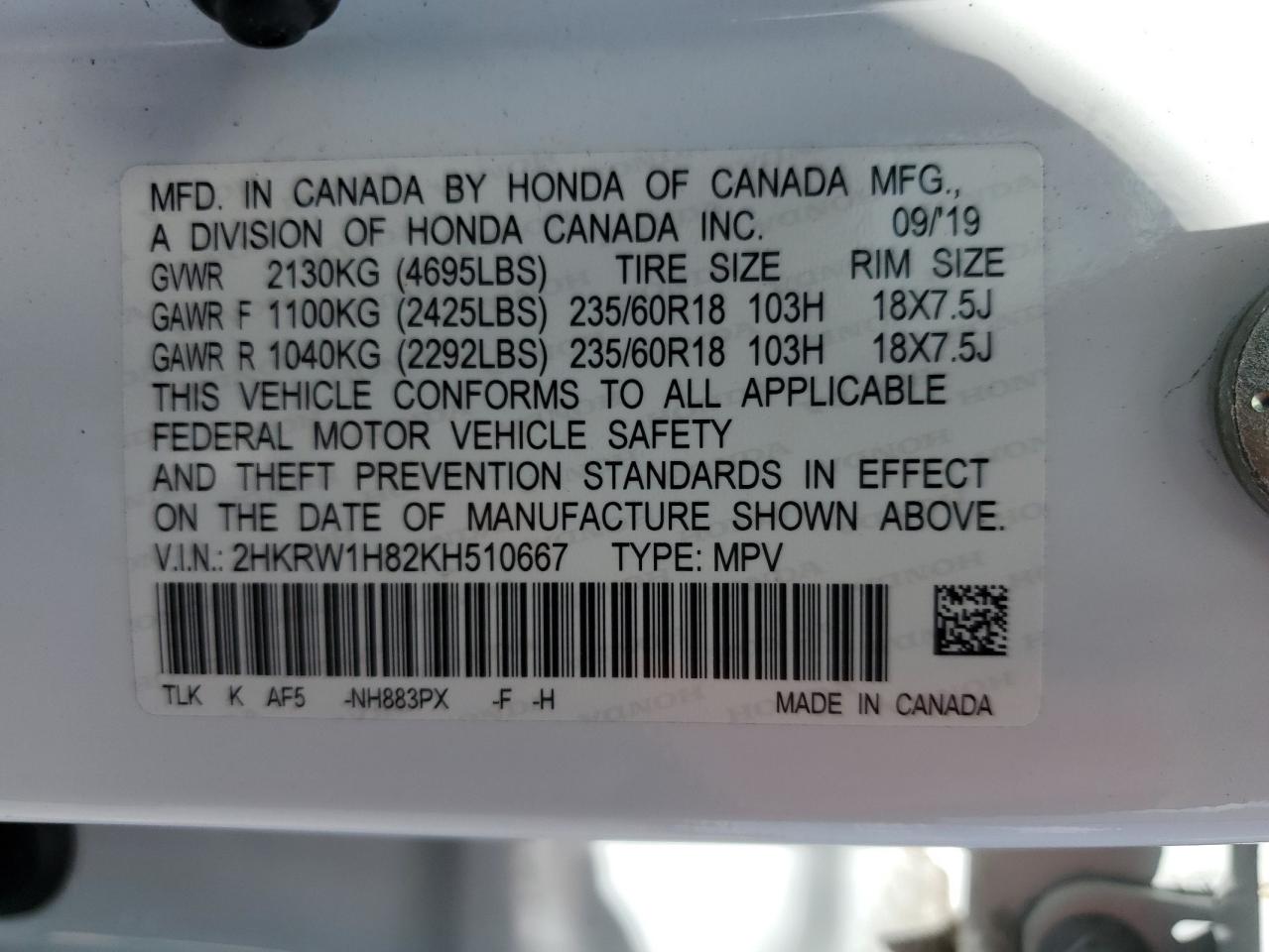 2019 Honda Cr-V Exl VIN: 2HKRW1H82KH510667 Lot: 56022625