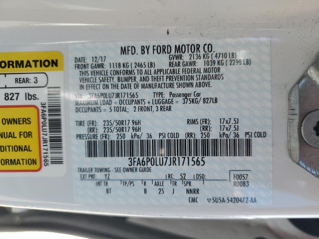 2018 Ford Fusion Se Hybrid VIN: 3FA6P0LU7JR171565 Lot: 54027845