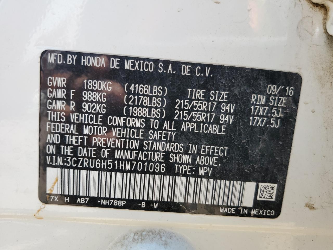 2017 Honda Hr-V Ex VIN: 3CZRU6H51HM701096 Lot: 57652925