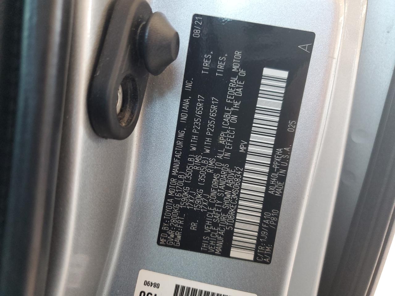 2021 Toyota Sienna Le VIN: 5TDBRKEC3MS068342 Lot: 55518505