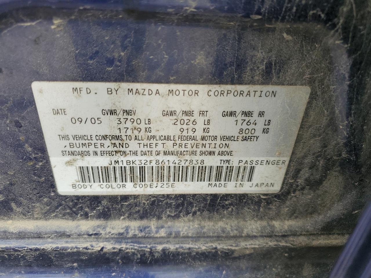 2006 Mazda 3 I VIN: JM1BK32F861427838 Lot: 58381935