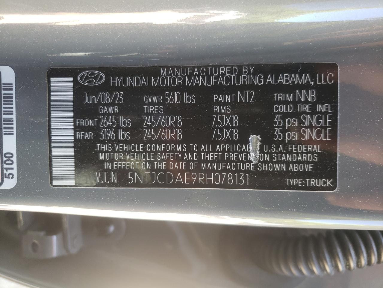 2024 Hyundai Santa Cruz Sel VIN: 5NTJCDAE9RH078131 Lot: 57563855