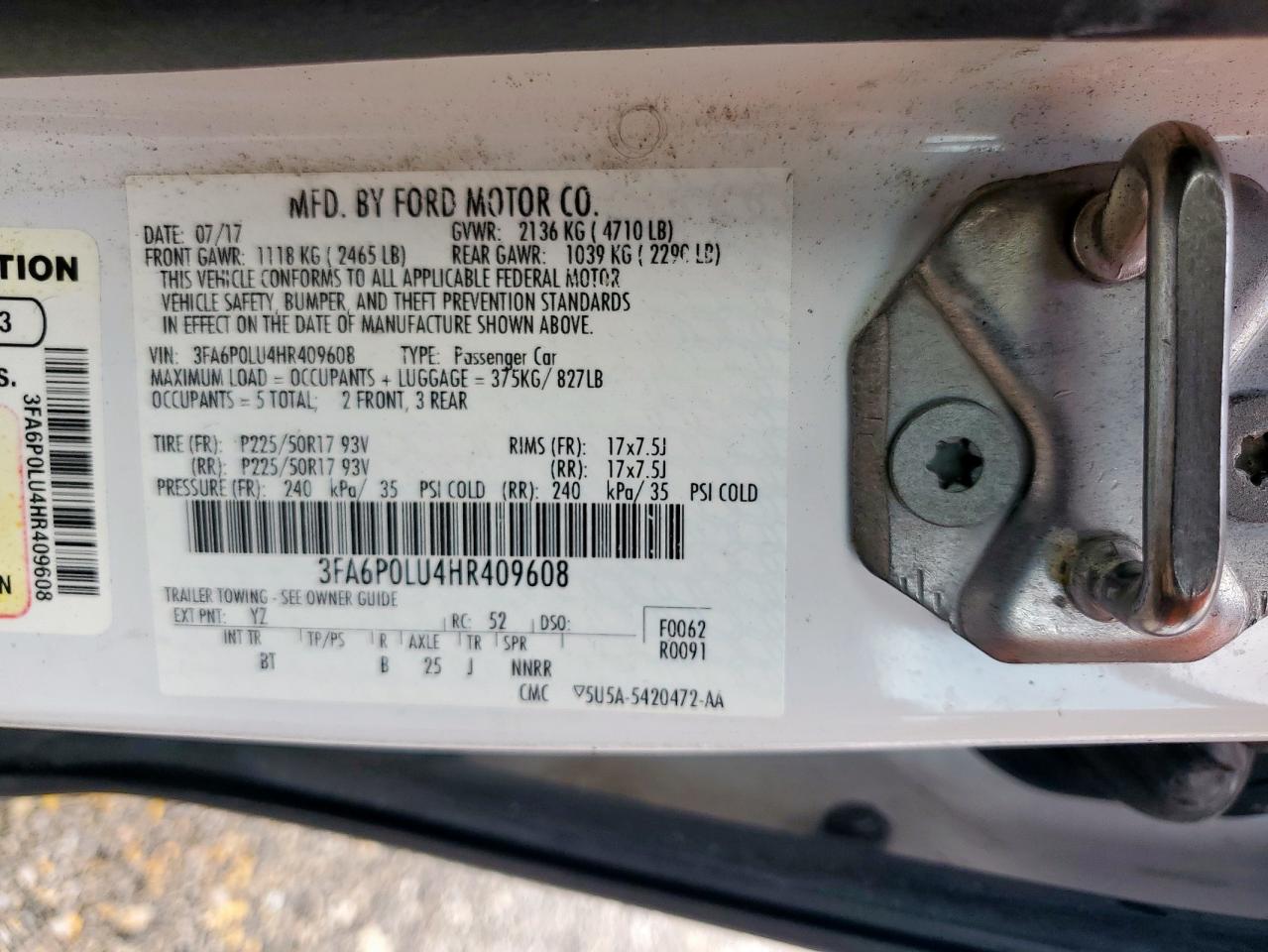 2017 Ford Fusion Se Hybrid VIN: 3FA6P0LU4HR409608 Lot: 54037755