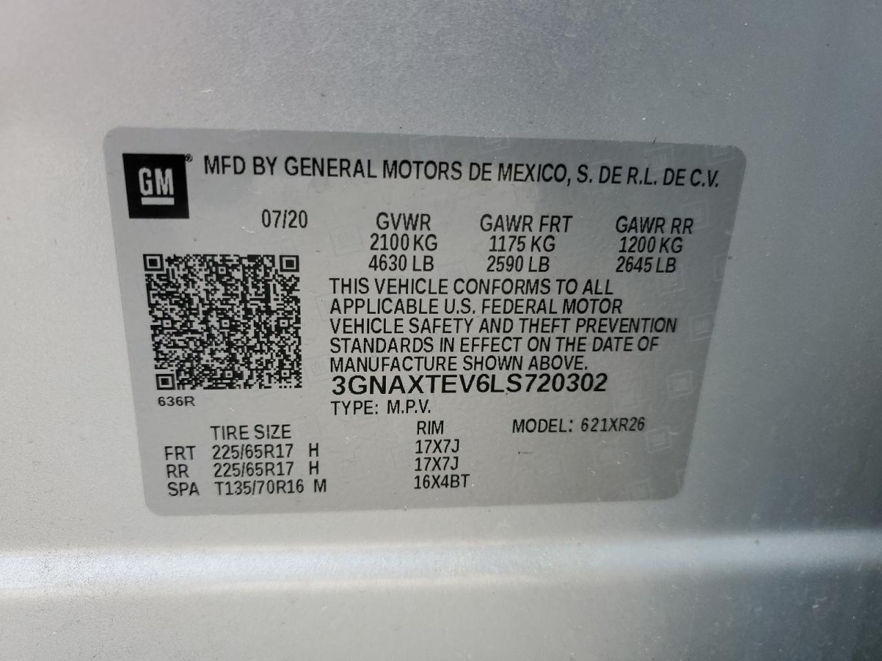 3GNAXTEV6LS720302 CHEVROLET EQUINOX 2020