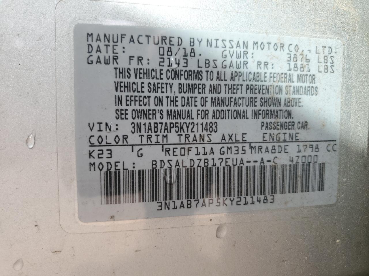 2019 Nissan Sentra S VIN: 3N1AB7AP5KY211483 Lot: 56850785