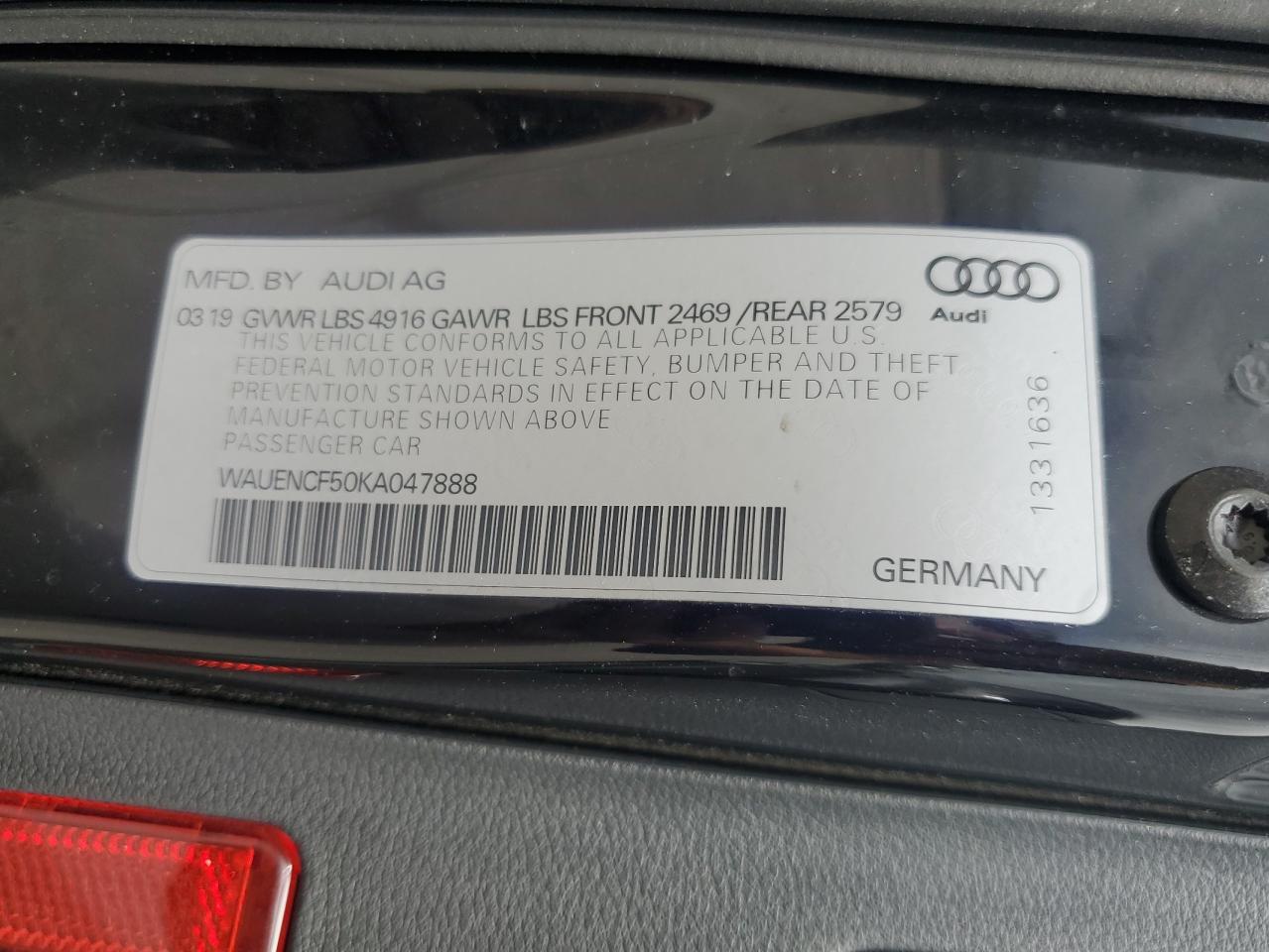 2019 Audi A5 Premium Plus S-Line VIN: WAUENCF50KA047888 Lot: 56359115