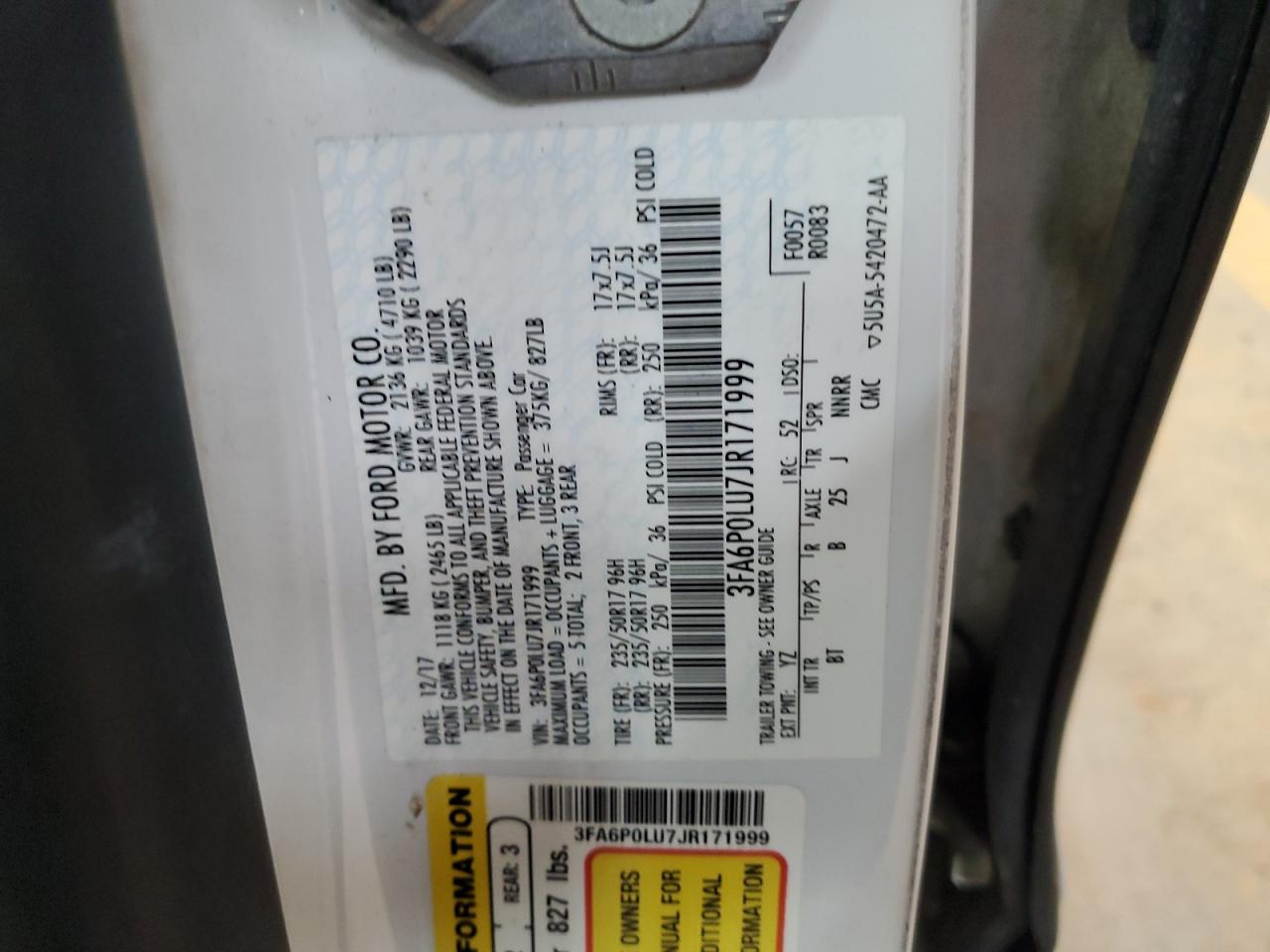 2018 Ford Fusion Se Hybrid VIN: 3FA6P0LU7JR171999 Lot: 54043255