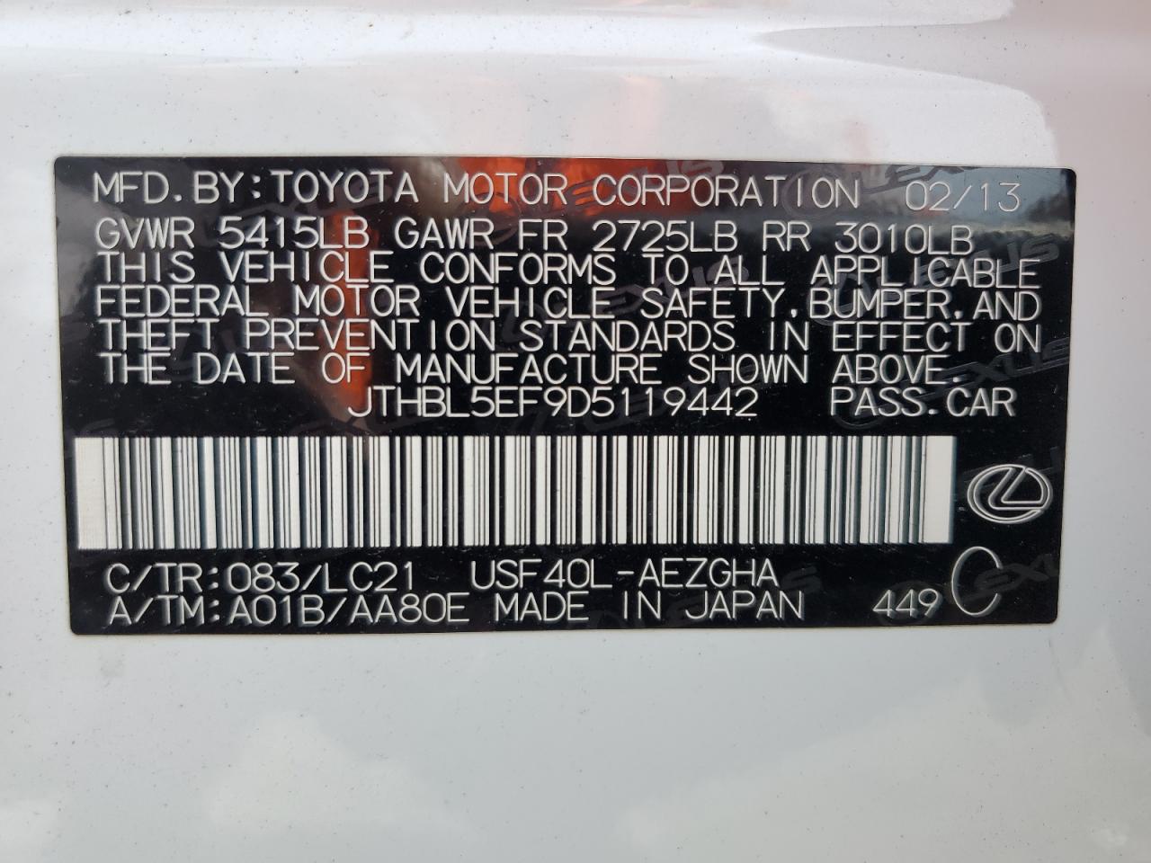 2013 Lexus Ls 460 VIN: JTHBL5EF9D5119442 Lot: 58329435