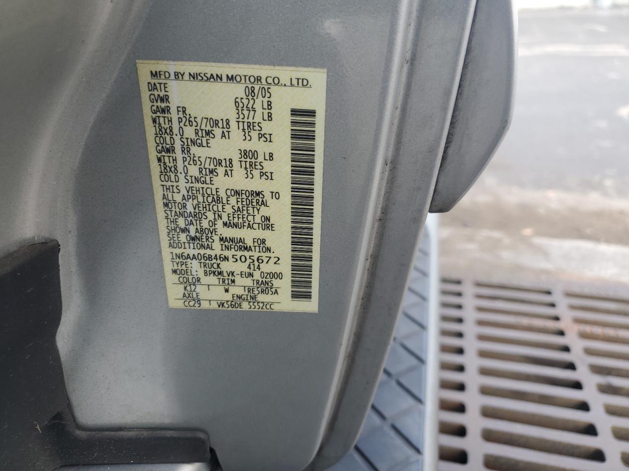 2006 Nissan Titan Xe VIN: 1N6AA06B46N505672 Lot: 56166505