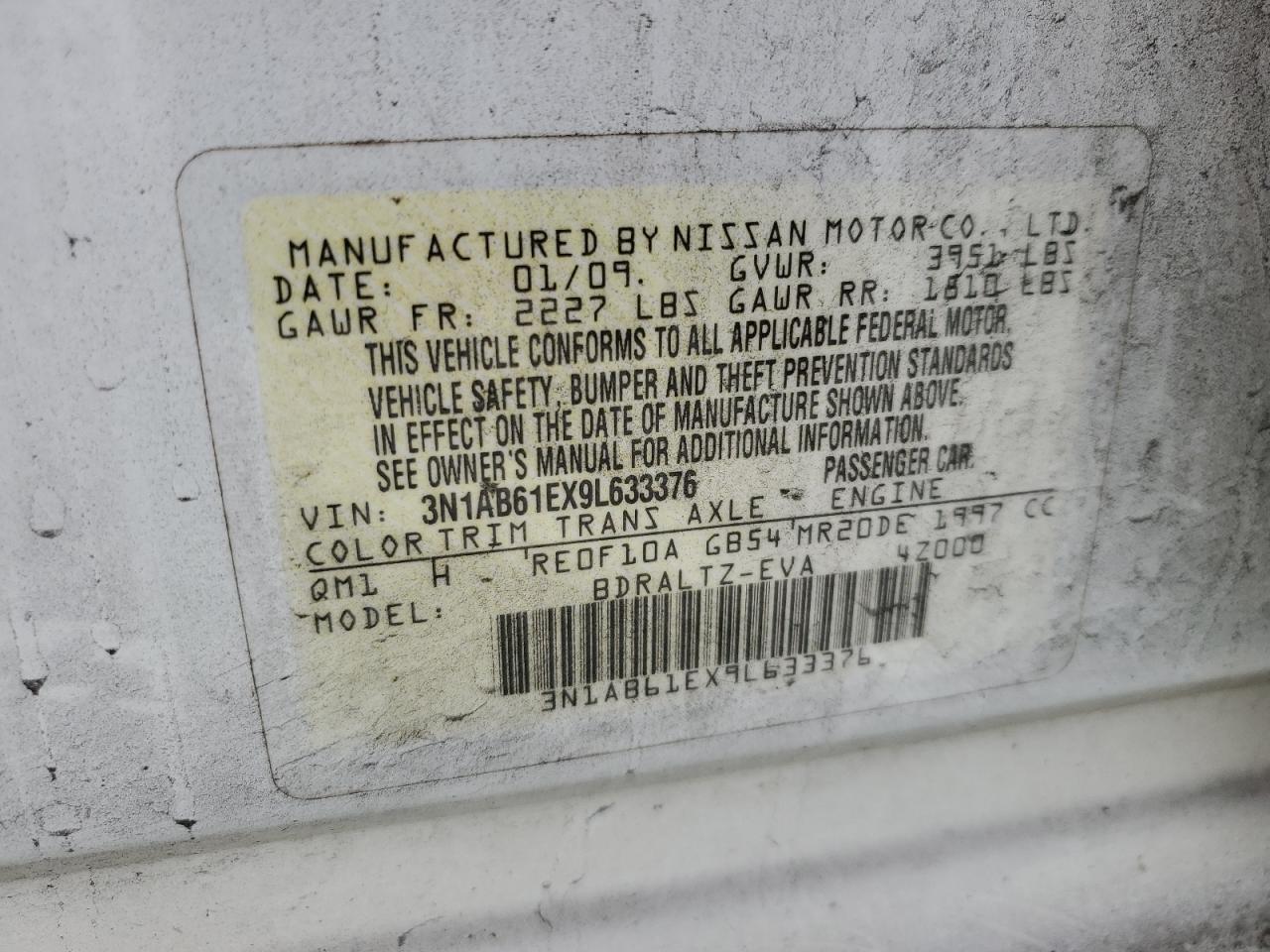 2009 Nissan Sentra 2.0 VIN: 3N1AB61EX9L633376 Lot: 56850815