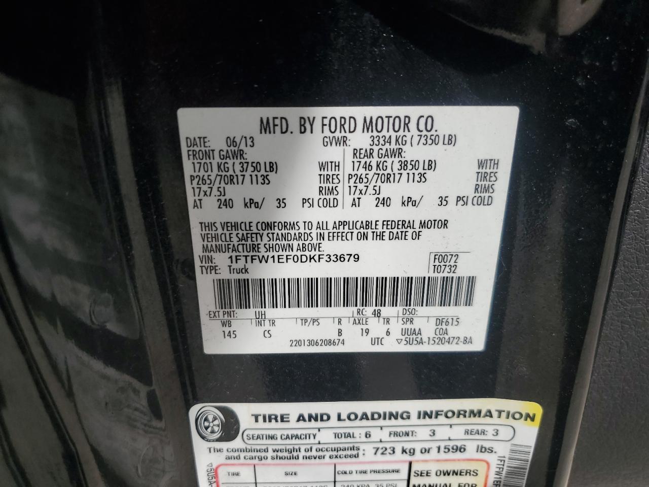 2013 Ford F150 Supercrew VIN: 1FTFW1EF0DKF33679 Lot: 54875735