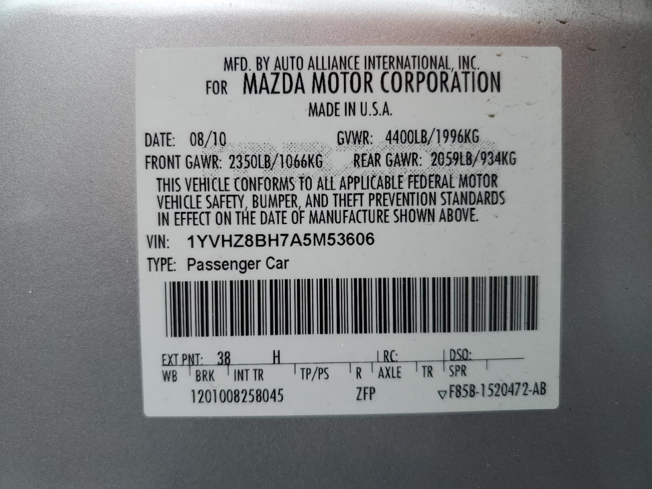 2010 Mazda 6 I VIN: 1YVHZ8BH7A5M53606 Lot: 56651425