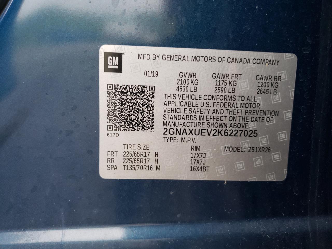 2019 Chevrolet Equinox Lt VIN: 2GNAXUEV2K6227025 Lot: 55804915