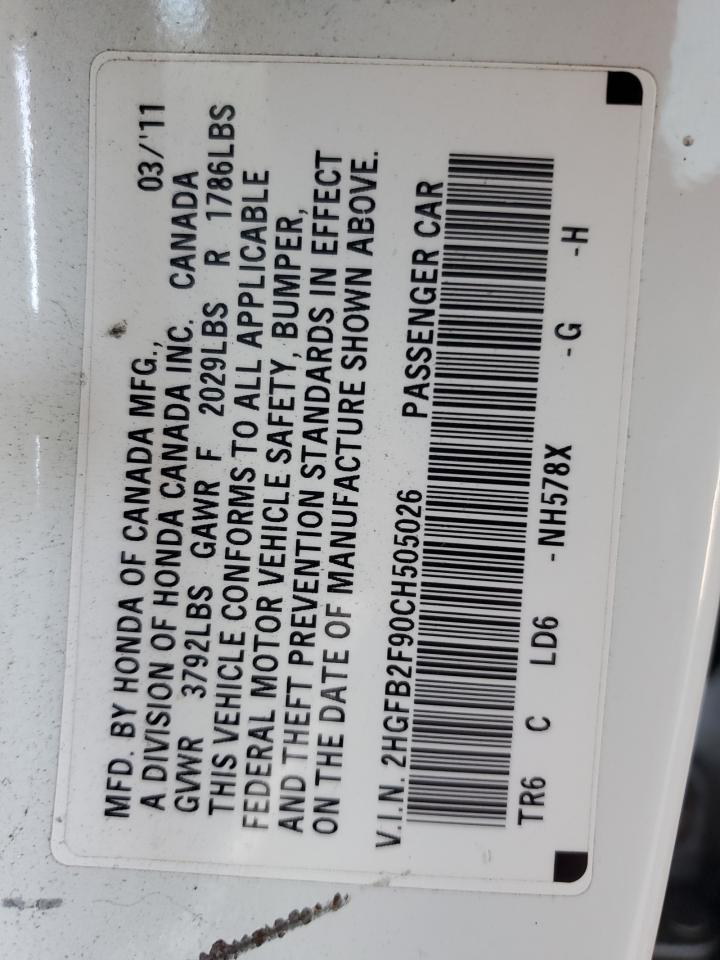 2012 Honda Civic Exl VIN: 2HGFB2F90CH505026 Lot: 56818535