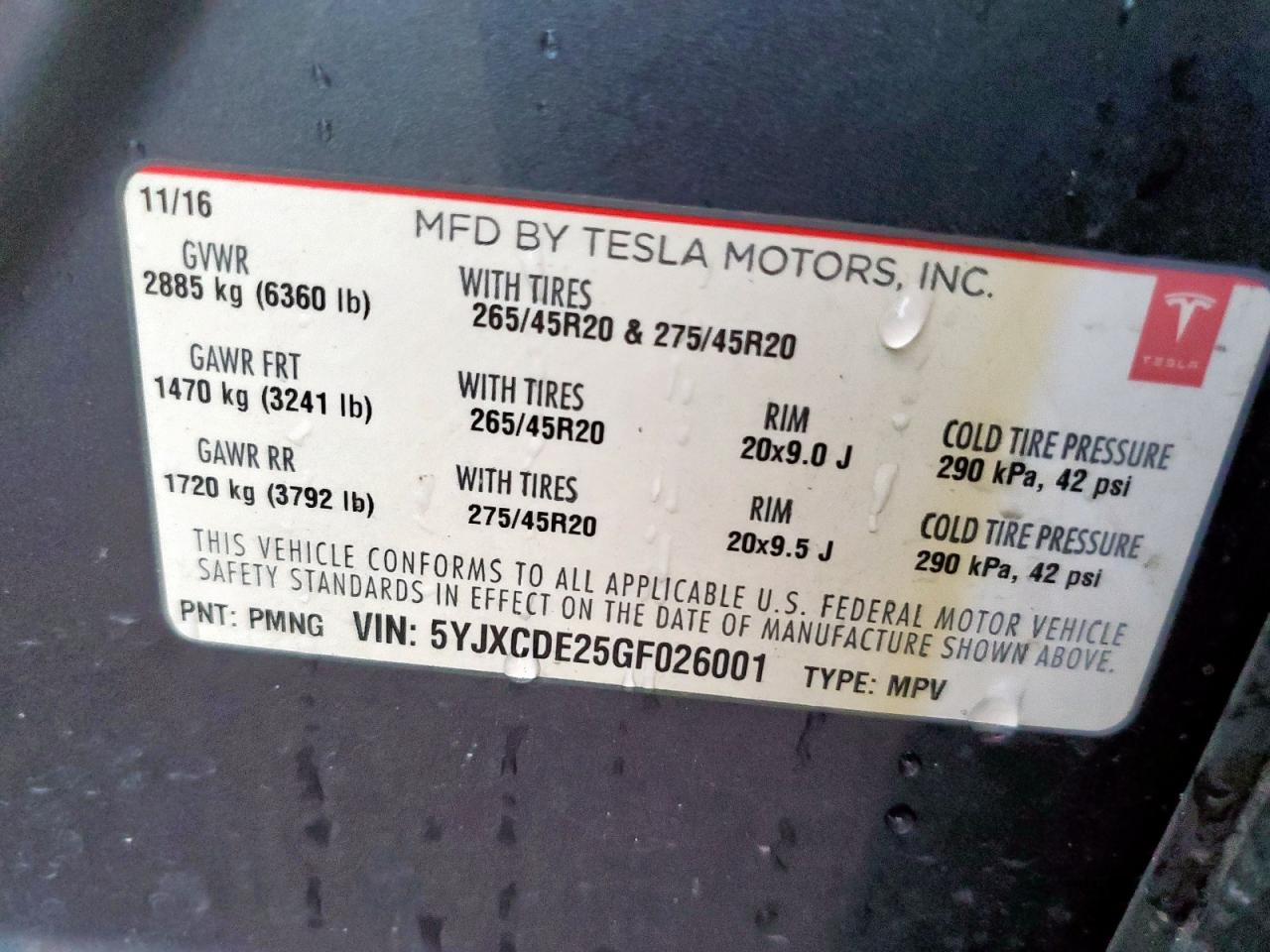 2016 Tesla Model X VIN: 5YJXCDE25GF026001 Lot: 59159235