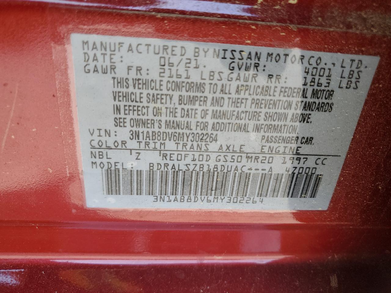 2021 Nissan Sentra Sr VIN: 3N1AB8DV6MY302264 Lot: 54961695