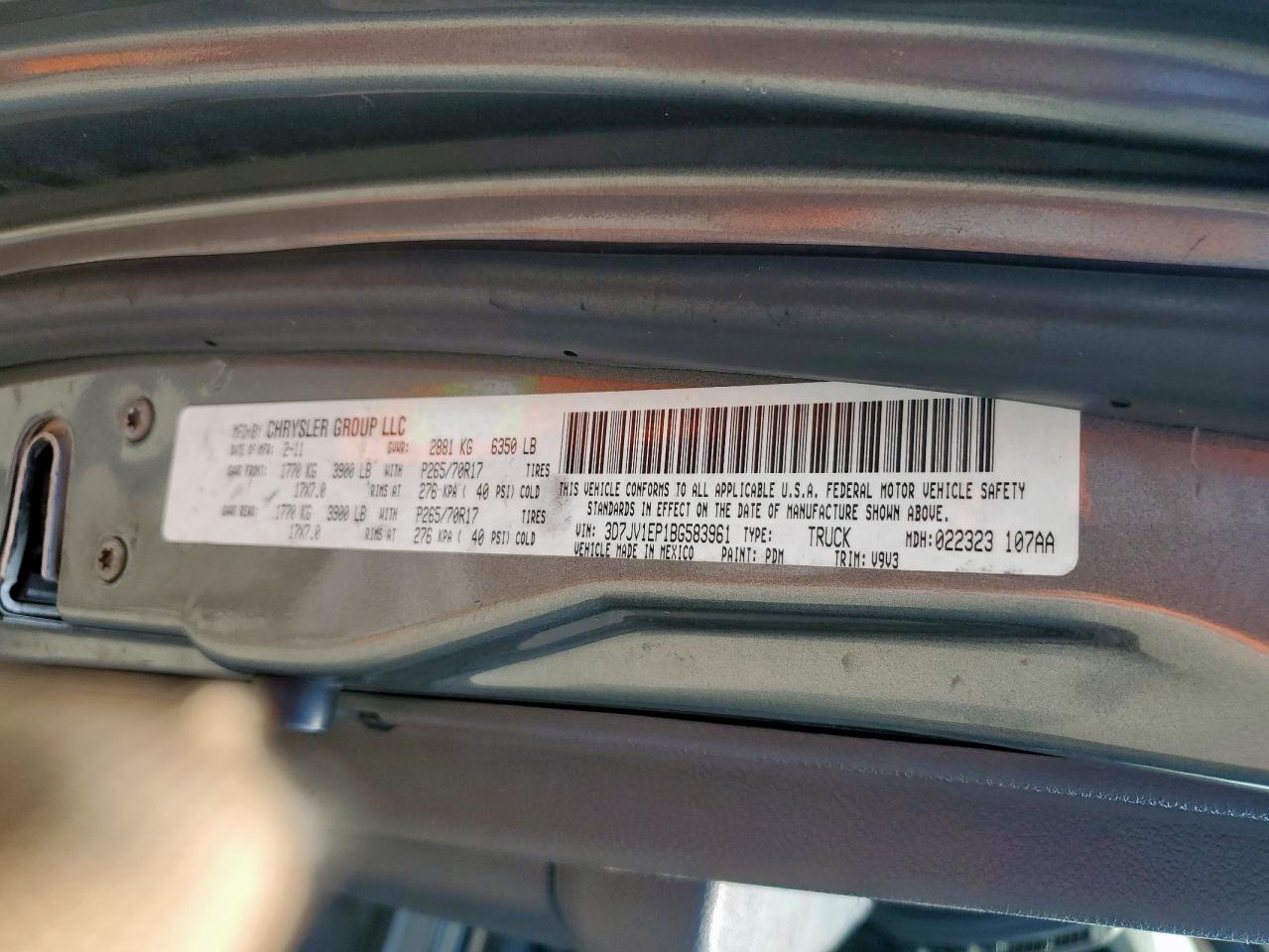 2011 Dodge Ram 1500 VIN: 3D7JV1EP1BG583961 Lot: 57691245