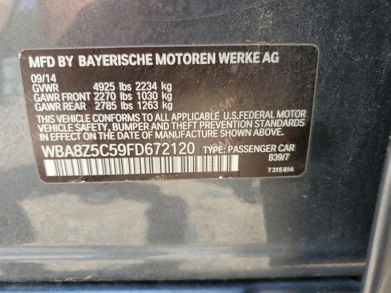 2015 BMW 328 Xigt Sulev VIN: WBA8Z5C59FD672120 Lot: 56694475