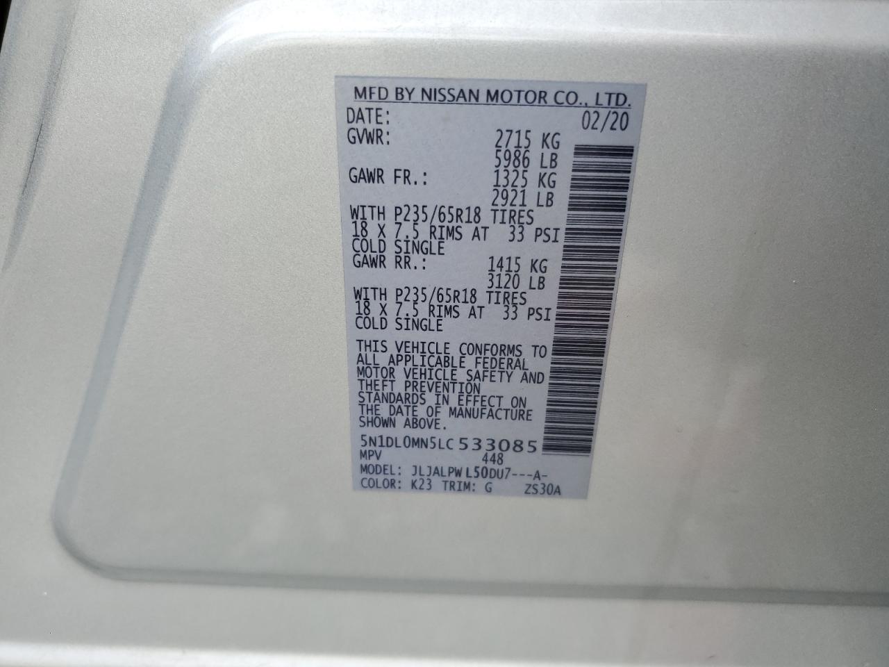 2020 Infiniti Qx60 Luxe VIN: 5N1DL0MN5LC533085 Lot: 56004935