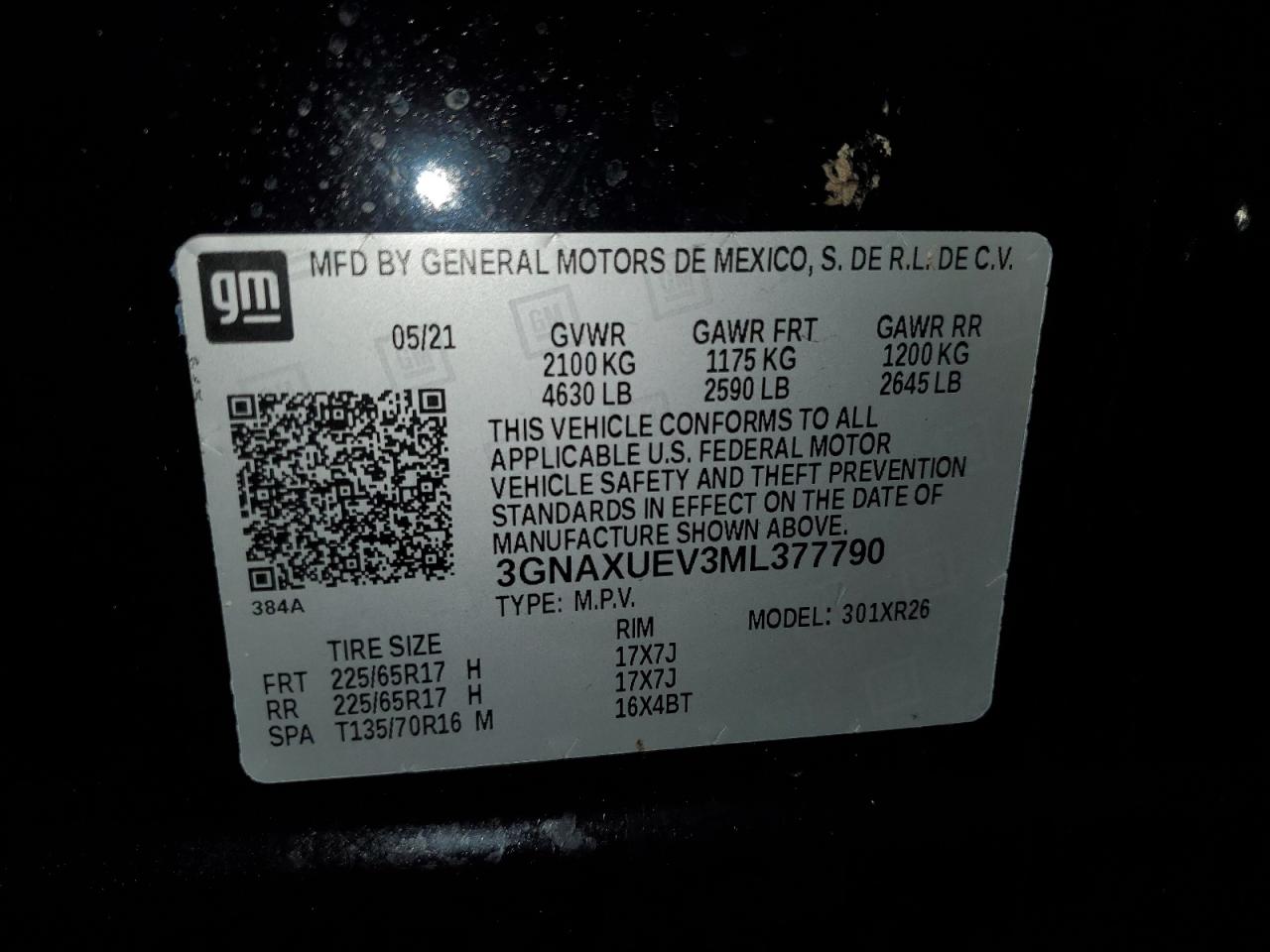 2021 Chevrolet Equinox Lt VIN: 3GNAXUEV3ML377790 Lot: 56388675